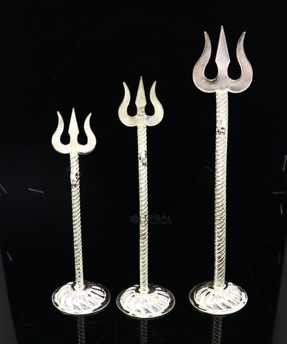 Handmade 925 sterling silver Lord Shiva trident with detailed craftsmanship, ideal for puja and spiritual collectibles.