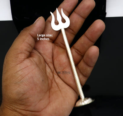 Small 925 sterling silver handmade Lord Shiva trident with intricate craftsmanship, ideal for puja and spiritual collection.