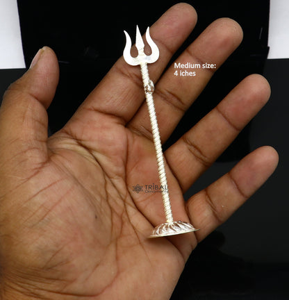 925 Sterling silver handmade Lord Shiva trident with intricate craftsmanship, ideal for puja and spiritual collection.