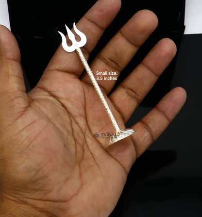 925 Sterling silver handmade Lord Shiva trident with intricate craftsmanship, ideal for puja and spiritual collection.