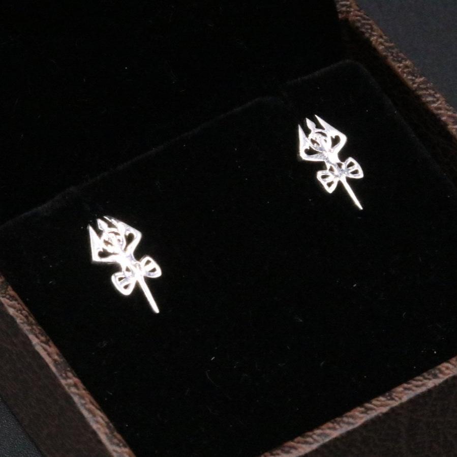 Unisex 925 sterling silver trident stud earrings by TRIBAL ORNAMENTS, featuring detailed trident design for versatile jewelry style.
