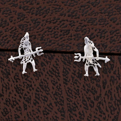 925 silver Lord Shiva stud earring with trident design, tribal ornaments jewelry, detailed Hindu deity motif.