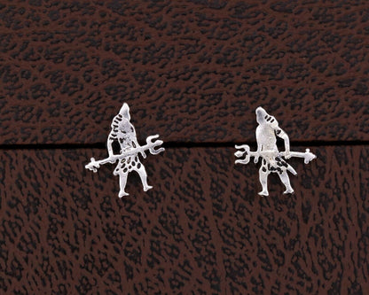 925 silver Lord Shiva with trident design stud earring by TRIBAL ORNAMENTS, featuring intricate Indian idol-inspired detailing.
