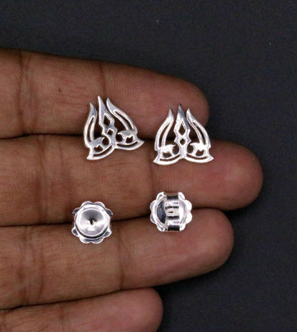Silver Shiva idol trident stud earring by TRIBAL ORNAMENTS, featuring intricate tribal design and a trishul motif for men's jewelry.