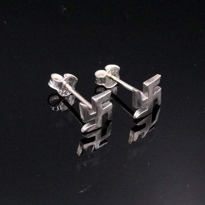 Sterling silver handmade swastika stud earring featuring Indian idol symbol, unisex Tribal Ornaments jewelry.