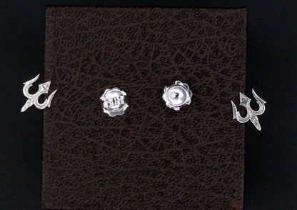 Vintage silver Lord Shiva trident-shaped stud earring by Tribal Ornaments, handmade and regional design.