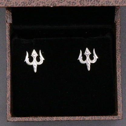 Vintage tribal silver Lord Shiva trident-shaped stud earring by Tribal Ornaments, handcrafted regional jewelry.