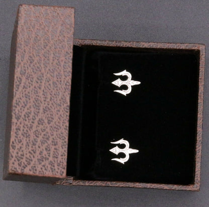 Vintage tribal silver Lord Shiva trident-shaped stud earring by Tribal Ornaments, handcrafted with intricate regional design.
