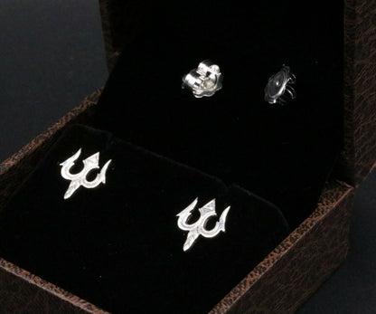 Vintage tribal silver Lord Shiva trident-shaped stud earring by Tribal Ornaments with intricate handcrafted design.