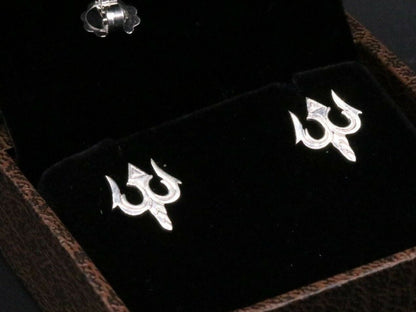 Vintage tribal silver Lord Shiva trident-shaped stud earring by Tribal Ornaments, handcrafted traditional jewelry.