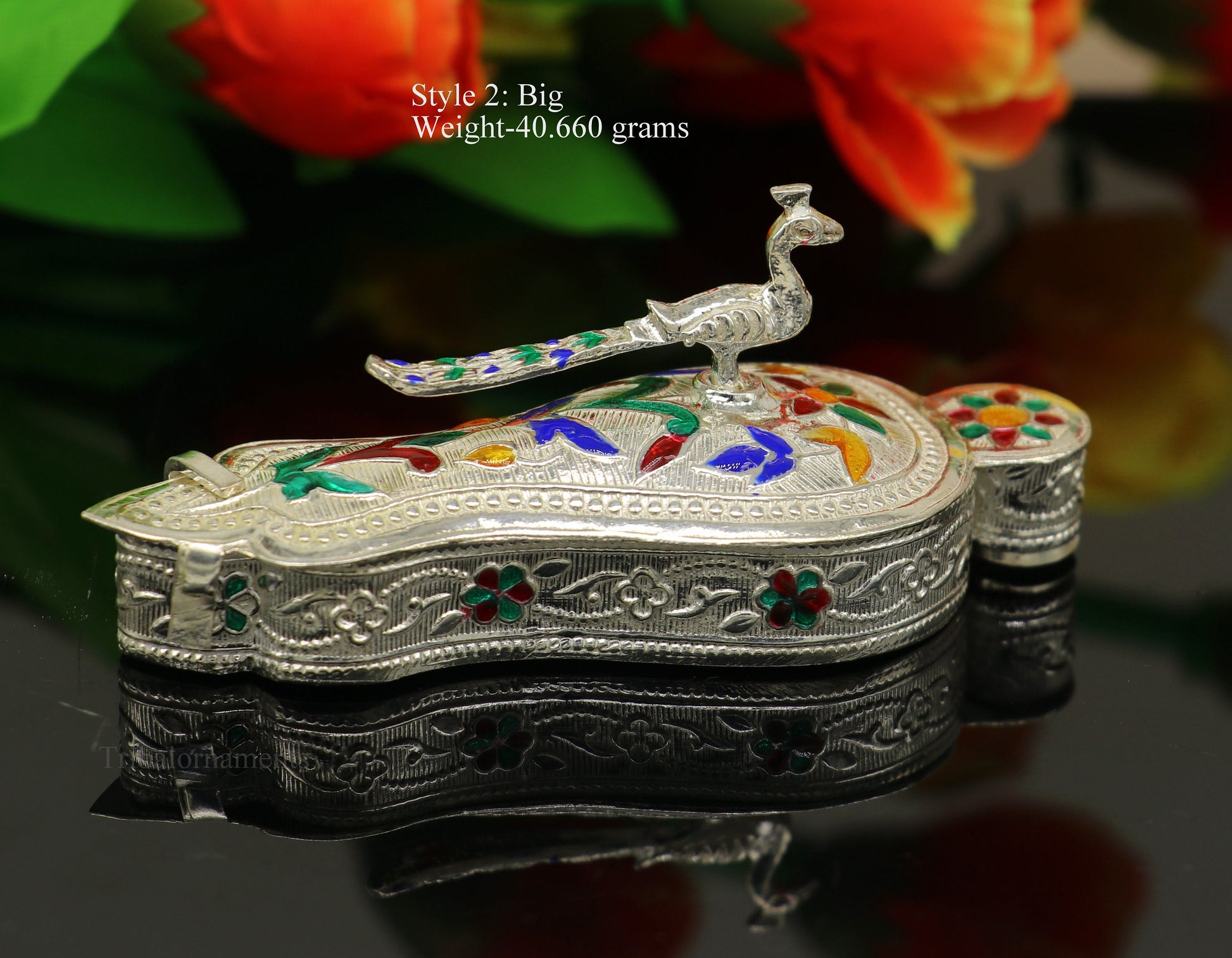 925 sterling silver handmade fabulous unique design peacock trinket box, brides gift, casket box, silver article, silver utensils stb264 - TRIBAL ORNAMENTS