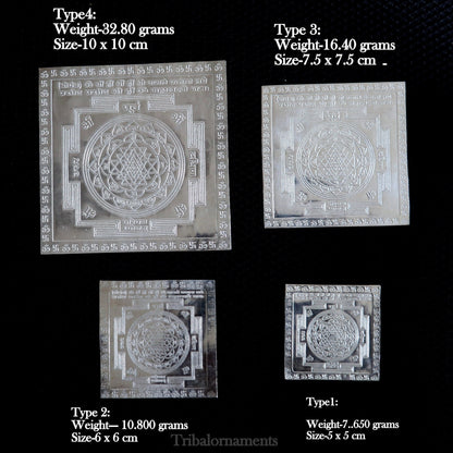 Handmade 925 sterling silver Shree Yantra and Shri Laxmi Yantra for wealth and prosperity, ideal for puja and gifting.