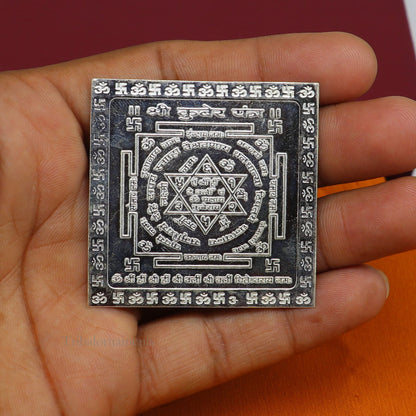 925 sterling silver Shree Kubera Yantra, divine wealth and prosperity yantra for puja and gifting, crafted by Tribal Ornaments.