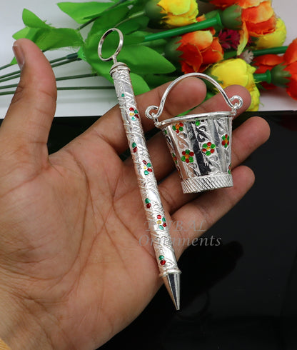 925 sterling silver new trendy Holi special Laddu Gopala colorful water Pichkari and Bucket best gift to Lord Krishna accessories su1009 - TRIBAL ORNAMENTS