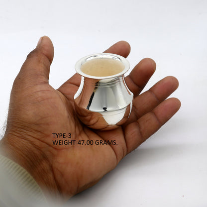 Small handmade 925 sterling silver Kalash pot, traditional Indian puja water or milk vessel, crafted by Tribal Ornaments.