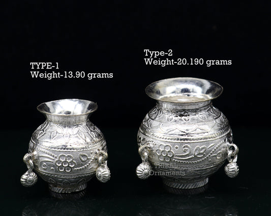 Pure 925 sterling silver handmade plain small Kalash or pot, unique special silver puja article, water or milk kalash pot india su760 - TRIBAL ORNAMENTS