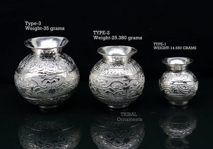 Handmade 925 sterling silver small Kalash pot, traditional silver puja article for water or milk, crafted by Tribal Ornaments.