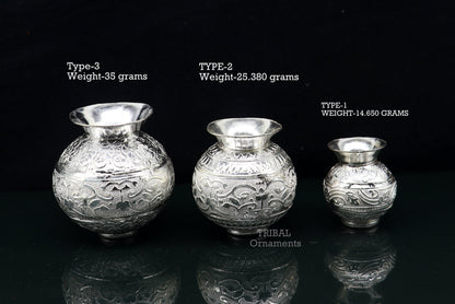 Small handmade pure 925 sterling silver Kalash pot, traditional Indian water or milk puja vessel, crafted by Tribal Ornaments.