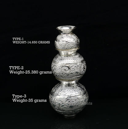 Small handmade 925 sterling silver Kalash pot for puja, with a plain design, used for water or milk offerings in Indian rituals.