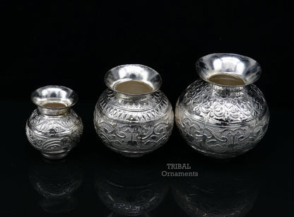 Small handmade 925 sterling silver Kalash pot for puja, plain design, traditional water or milk offering vessel from India.