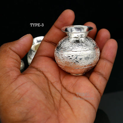 Handmade pure 925 sterling silver small Kalash pot for puja rituals, featuring a simple, elegant design from Tribal Ornaments.