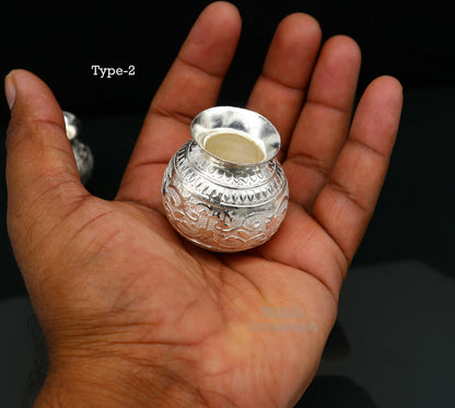 Small handmade 925 sterling silver Kalash pot for puja, featuring a plain design, used for water or milk offerings in Indian rituals.