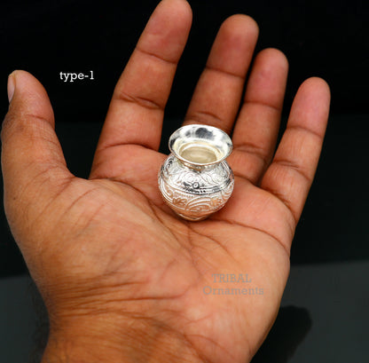 Small handmade 925 sterling silver Kalash pot for puja, featuring a plain, traditional design for water or milk offerings.