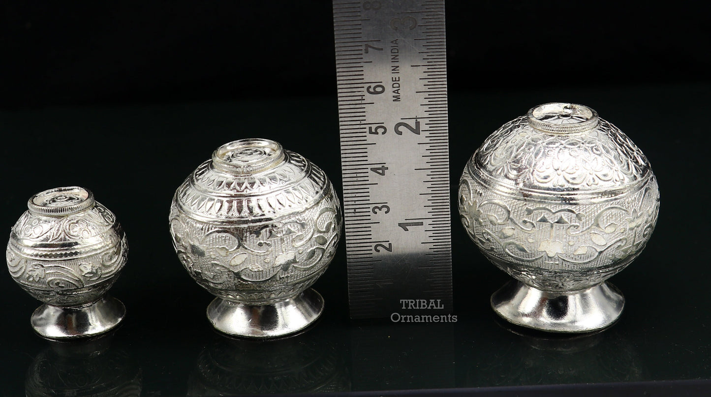 Pure 925 sterling silver handmade plain small Kalash or pot, unique special silver puja article, water or milk kalash pot india su761 - TRIBAL ORNAMENTS