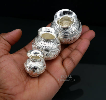 Small handmade pure 925 sterling silver Kalash or pot for puja, featuring a simple, traditional design suitable for water or milk offerings.
