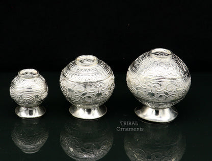Small handmade pure 925 sterling silver Kalash pot for puja, featuring a plain design, traditional water or milk offering vessel.