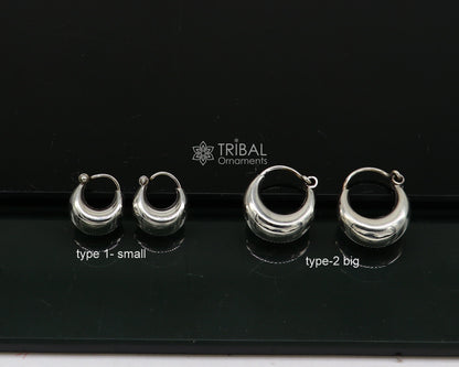 Sterling silver traditional Indian hoop earrings by Tribal Ornaments, shiny, lightweight, unisex trendy jewelry for cultural style.