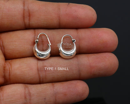 Indian traditional 925 sterling silver shiny hoops earring, unisex lightweight trendy style from TRIBAL ORNAMENTS.