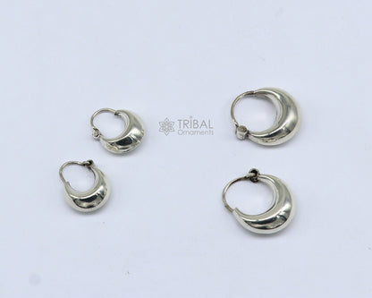 Tribal Ornaments 925 sterling silver shiny hoops earring, traditional Indian unisex lightweight jewelry with a sleek plain design.