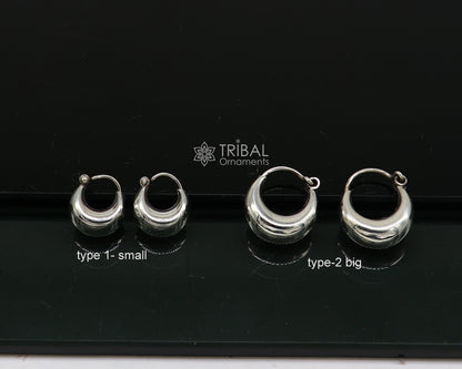 Shiny 925 sterling silver Indian traditional unisex hoop earrings with a sleek, plain design, lightweight and trendy for cultural style.