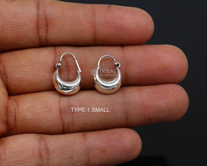 Shiny 925 sterling silver hoop earrings with traditional Indian cultural design, lightweight unisex trendy earrings by TRIBAL ORNAMENTS.