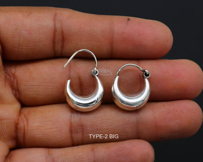 Sterling silver plain shiny hoops earring from Tribal Ornaments, traditional Indian style unisex lightweight jewelry.