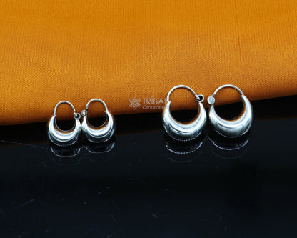 Shiny 925 sterling silver Indian traditional trendy unisex hoop earrings with plain design and lightweight style.