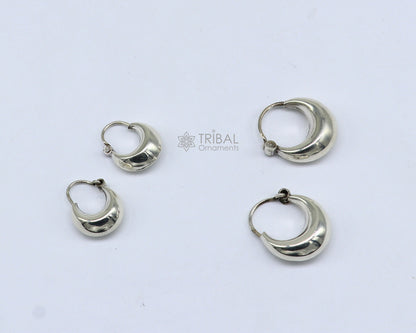 Shiny 925 sterling silver traditional Indian hoop earrings, unisex lightweight trendy jewelry by Tribal Ornaments.