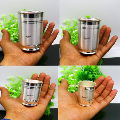 Handmade 999 fine silver water milk glass tumbler set by Tribal Ornaments, includes all sizes and silver baby food utensils.