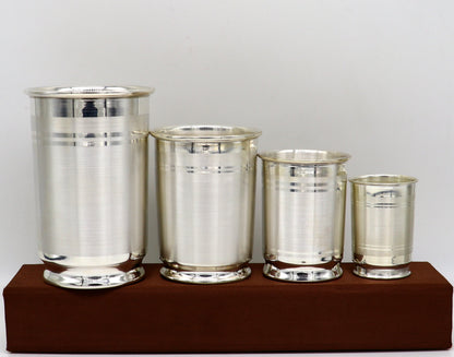 Handmade 999 fine silver water and milk glass tumbler set, includes silver utensils and baby food dining set by TRIBAL ORNAMENTS.
