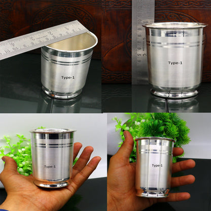 Handmade 999 fine silver water and milk glass tumbler set with silver utensils, suitable for baby food and dining, by TRIBAL ORNAMENTS.