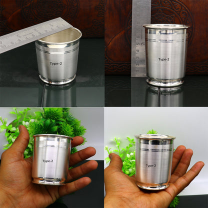Handmade 999 fine silver water milk glass tumbler set with silver utensils, ideal for baby food and dining by TRIBAL ORNAMENTS.