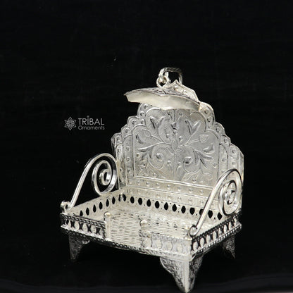 Sterling silver sinhasan throne stand for deity or statue, traditional temple art puja chair, crafted by TRIBAL ORNAMENTS.