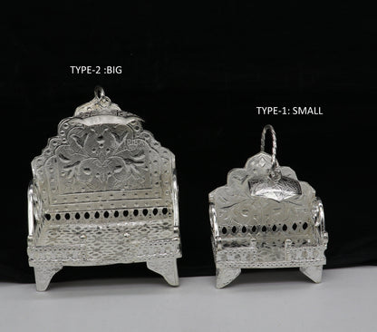 Small 925 sterling silver sinhasan throne stand for god statues, traditional temple art puja chair, crafted by Tribal Ornaments.