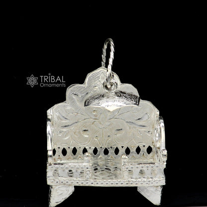 Sterling silver sinhasan throne stand for gods, intricately crafted temple art puja chair by Tribal Ornaments.