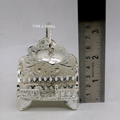 Sterling silver sinhasan throne stand for deity statues, ornate temple art puja chair, crafted by TRIBAL ORNAMENTS.