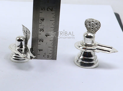 Small handmade 925 sterling silver Lord Shiva lingam for home temple puja, crafted by TRIBAL ORNAMENTS, ideal as puja accessories.