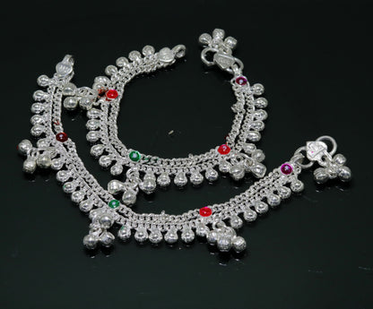 Sterling silver handmade baby ankle bracelet with noisy sound bells and customized charms, suitable for kids or belly dance jewelry.