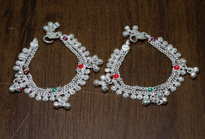 Sterling silver handmade baby and kids ankle bracelet with noisy sound bells and customized charm, ideal for belly dance or gifting.