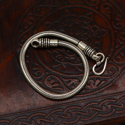 Sterling silver snake chain bracelet from Rajasthan, 6 to 8.5 inches, 4mm thick, unisex vintage designer jewelry by TRIBALORNAMENT.